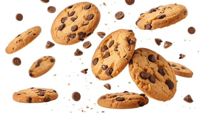Falling chocolate chip cookies isolated on transparent or white background, featuring realistic texture and crumbs for snack-themed designs.