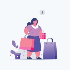 Happy Plus Size Woman Shopping with Bags