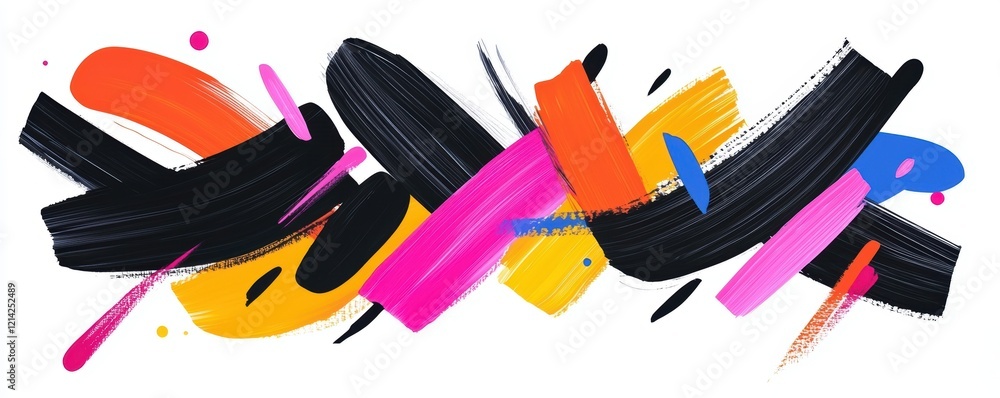 Poster hand-drawn black paint strokes with vibrant splashes of color, creating a playful and expressive abs