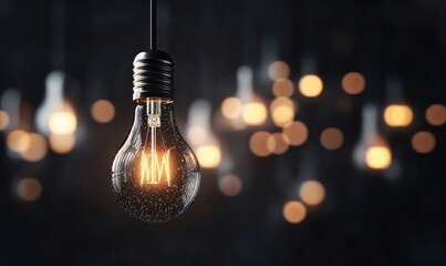 One of Lightbulb glowing among shutdown light bulb  in dark area with copy space for creative thinking , problem solving solution and outstanding concept by 3d rendering technique., Generative AI