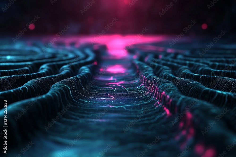 Poster a big data visualization concept featuring bright glowing lines set against an abstract technology b