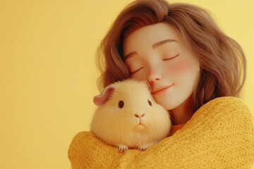 Girl tenderly embracing her fluffy guinea pig