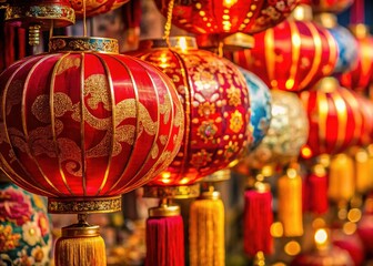 Fototapeta premium Vibrant Red & Gold Chinese Lanterns - Close Up Macro Photography