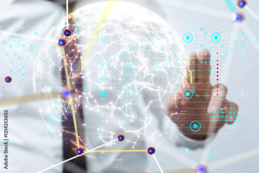 Poster Neural network 3D illustration. Big data and cybersecurity
