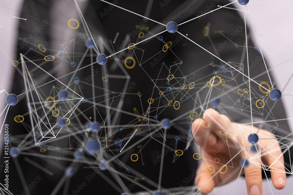 Poster Global network. Blockchain. 3D illustration. Neural networks and artificial intelligence. Abstract