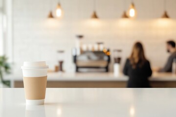 commercial photography for advertising campaign showcasing bright coffee shop counter with branded takeout cups and