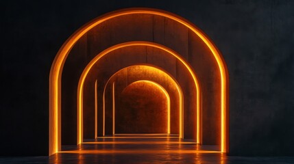 Fototapeta premium Glowing Orange Archways in a Dark Tunnel, Abstract 3D Render