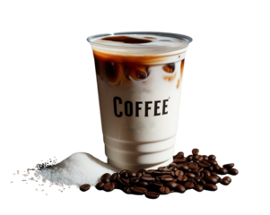 Iced coffee drink with palm sugar milk, facing front, plastic cup packaging with the brand name "Coffee", white background, scattered with coffee beans and palm sugar.