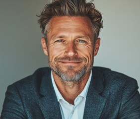 Obraz premium A middle-aged bearded man in a business suit stands posed with folded arms against a white backdrop, captured in a stock photograph