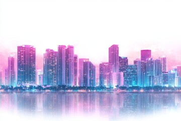 Fototapeta premium Miami skyline at dusk, with buildings lit up and their reflections shimmering in the water, set against a white background that accentuates the urban architecture