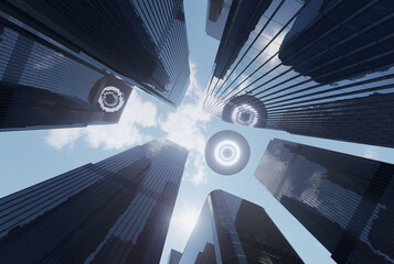 UFO flies in the sky above skyscrapers. 3D rendering