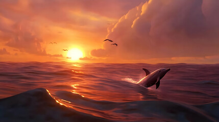 Dolphin leaping sunset ocean sunrise birdscape