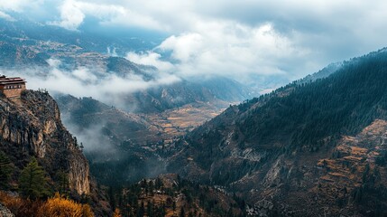 Mountaintop monastery in misty valley, autumnal landscape, serene Himalayas