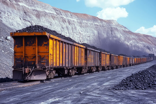 Freight train loaded with coal in open-pit mining area, industrial transportation of resources.
