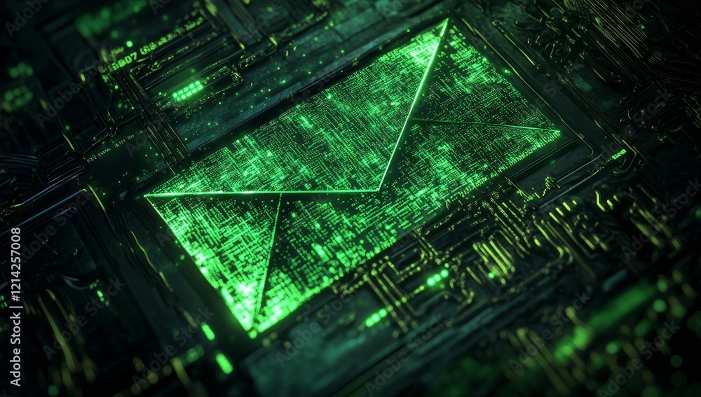 Poster a digital envelope icon featuring a holographic effect set against a dark, interconnected network ba