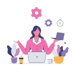 Busy businesswoman juggling tasks at her desk