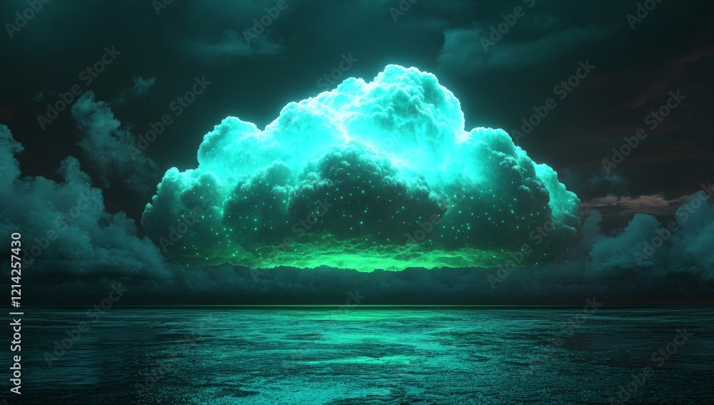 Poster abstract cloud symbol made up of glowing green pixels set against a dark background. 3d rendering