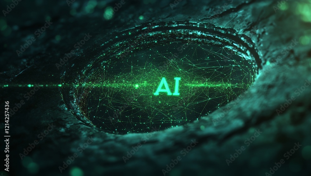 Poster an ai digital hologram symbol featuring neural network connections and a green pixelated design set 