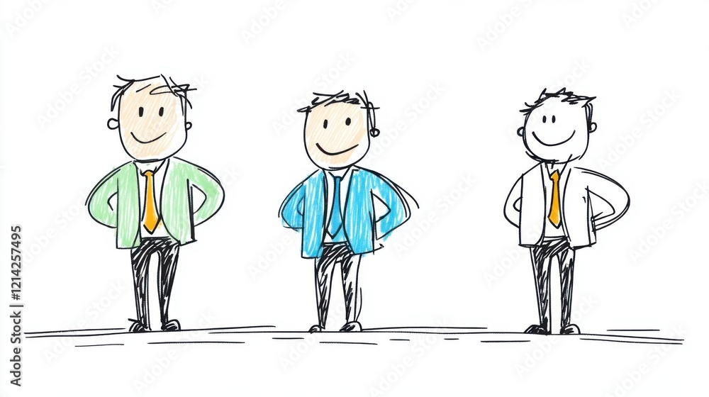 Poster Simple Cartoon Characters of Three Business Men in Colorful Suits with Smiling Expressions