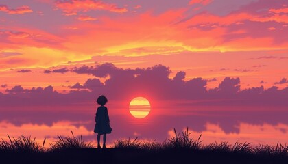Girl Silhouetted Against Vibrant Sunset Over Calm Water