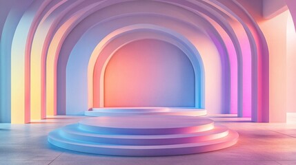 Obraz premium Pastel Archways with Illuminated Podium and Gradient Lighting