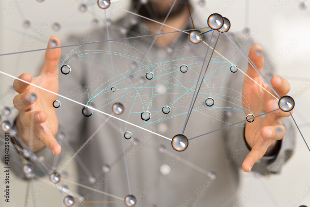 Poster Global network. Blockchain. 3D illustration. Neural networks and artificial intelligence. Abstract