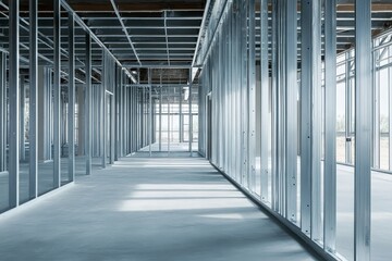 Steel studs used to frame in a large commercial building., Generative AI