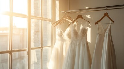 Three white wedding dresses hanging near a sunlit window.