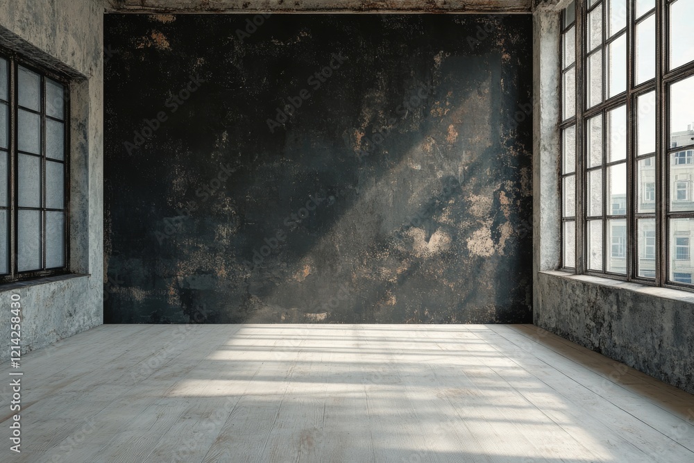 Poster an empty gallery space with modern architecture, featuring dark walls, expansive windows, and pristi