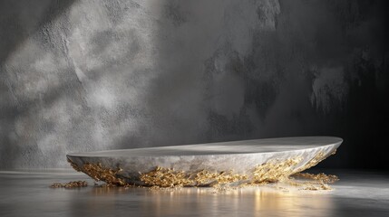 Elegant stone podium, gold accents, textured wall, studio setting, product display