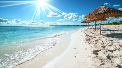 Fototapeta premium A tropical beach scene with soft white sand, crystal-clear waters, and beach umbrellas under the bright sun.