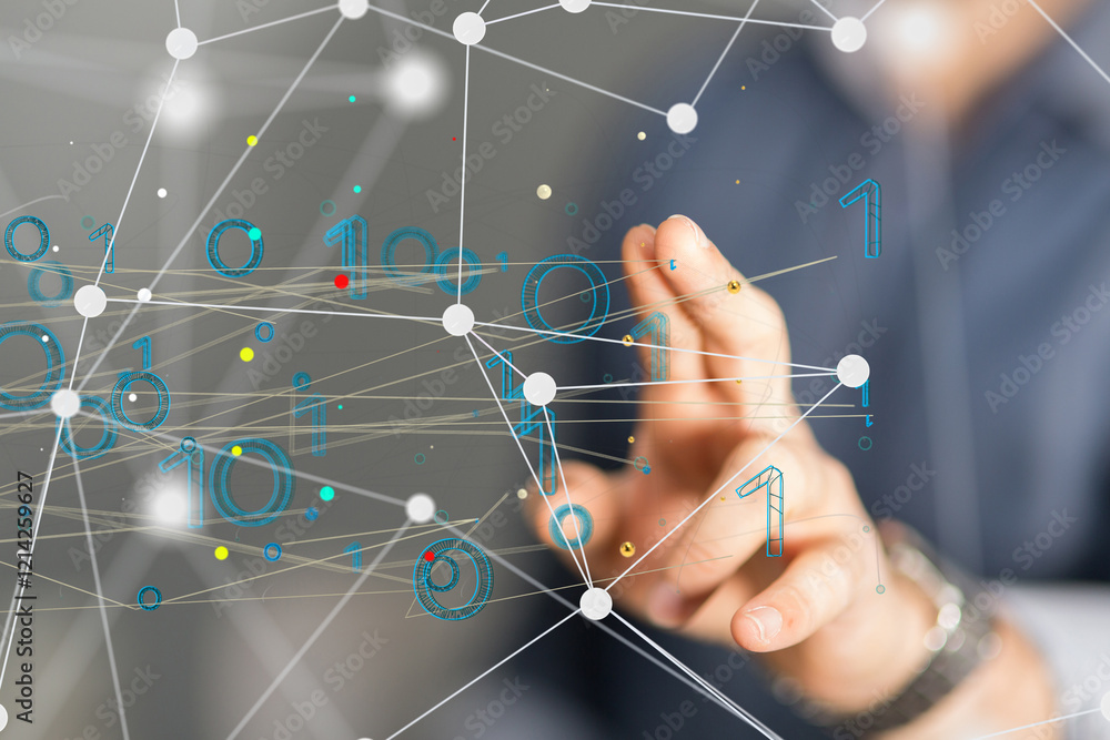 Poster Digital cyberspace with particles and Digital data network connections concept.