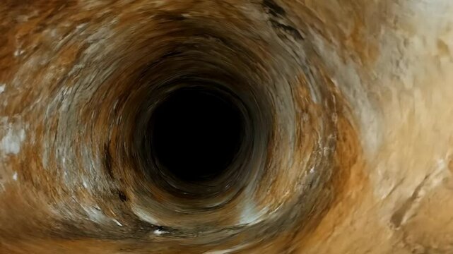 Dark circular tunnel revealing earthy textures and shadows within a deep borehole