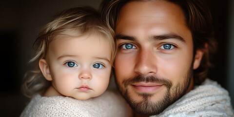 Close-up portrait of father and baby with blue eyes.