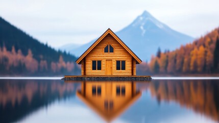 Fototapeta premium Tranquil Lakeside Log Cabin Home with Mountain View and Autumn Foliage Reflection