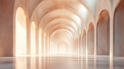 Serene sunlit architectural hallway with repeating arches and columns