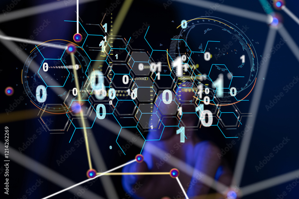 Poster Neural network 3D illustration. Big data and cybersecurity