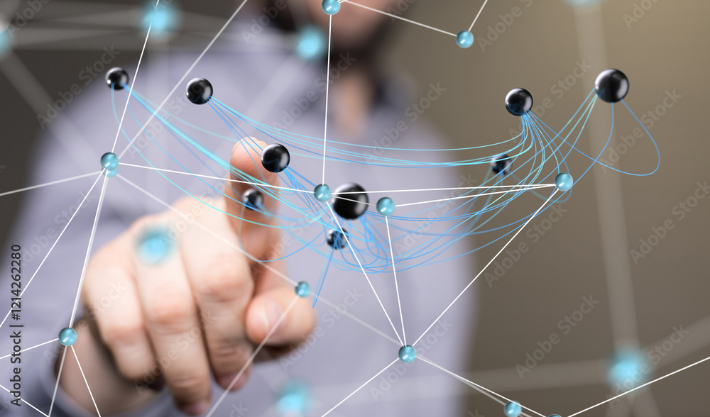 Poster Global network. Blockchain. 3D illustration. Neural networks and artificial intelligence. Abstract