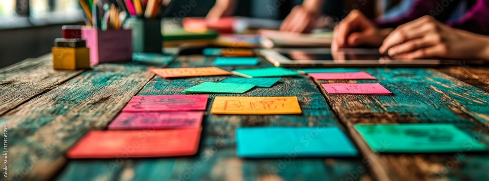 Poster team members brainstorm using sticky notes on the table during a creative session, featuring a blurr