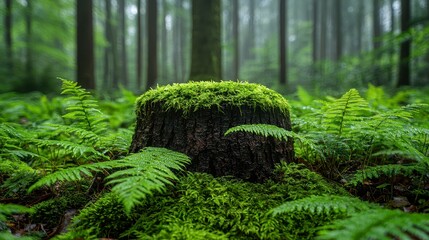 Mossy tree stump in a lush green forest with ferns.