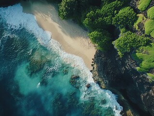 Secluded cove aerial view turquoise water, sandy beach, lush greenery, tranquil scene; travel brochure