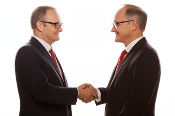 Professionals in suits exchanging a handshake in profile on a white background, representing a business deal