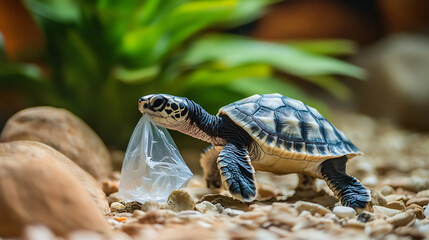 Naklejka premium Baby Turtle and Plastic Bag: A heartbreaking image of a tiny turtle struggling with a discarded plastic bag, highlighting the devastating impact of pollution on marine wildlife. 