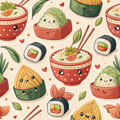 Whimsical Sushi Pattern with Bowls, Leaves, and Happy Faces seamless pattern