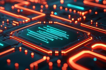 A vibrant, close-up view of a circuit board featuring glowing blue and orange lines, showcasing intricate electronic pathways and modern technology.