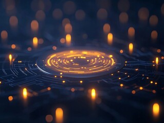 A glowing circular pattern surrounded by soft golden lights, set against a dark background, evoking a high-tech, futuristic atmosphere.
