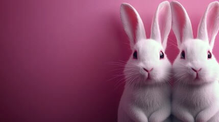 Obraz premium Adorable Pair of White Rabbits on Pink Background Cute Bunny Duo Easter Animals