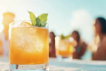 commercial photography for advertising campaign showcasing group of friends enjoying tropical cocktails on sunny beach