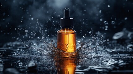 Dark, low-key luxury product shot of a cosmetic oil or essence bottle with a dropper, featuring a serum splash, evoking elegance in beauty care.