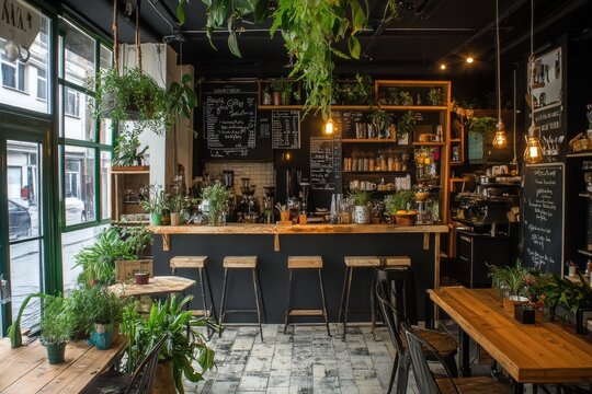Urban cafe, plants, counter, city view, menu, interior, coffee, shop, daytime, relaxing